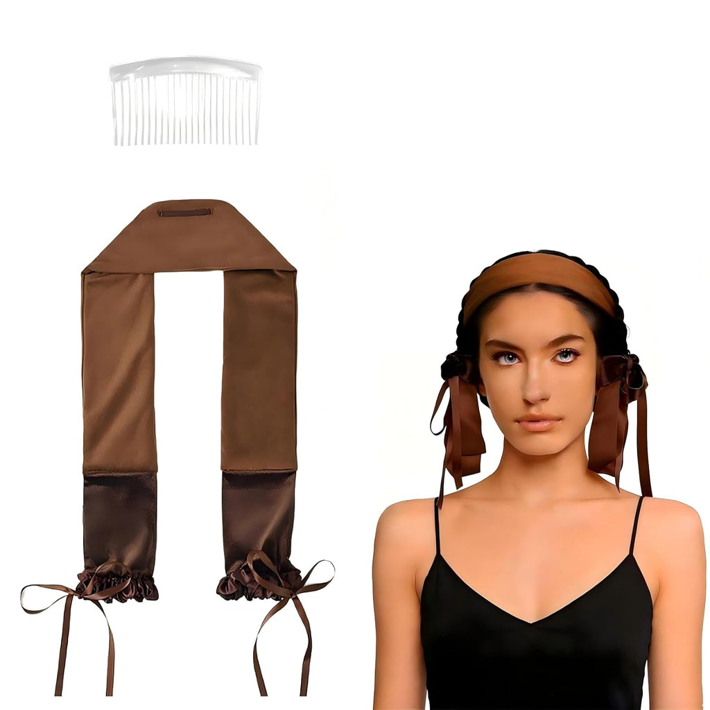 Curling Tie, Heatless Hair Curlers Overnight, Soft Ribbon Wrap for Long Hair, Heatless Curls Overnight Headband, Satin Heatless Curls Overnight, Upgraded Soft with Comb (Brown)